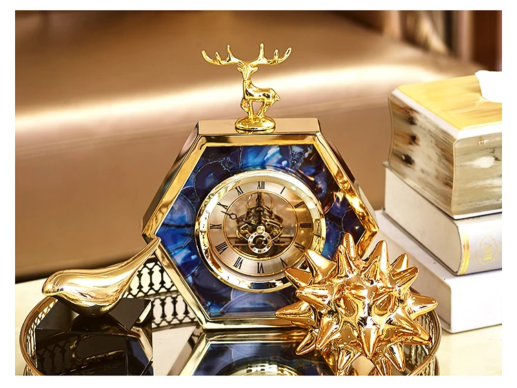 

Light Luxury European Phnom Penh Blue Agate Pattern Deer Table Clock Creative Home Cabinet Bedside Decorations Clock Ornaments