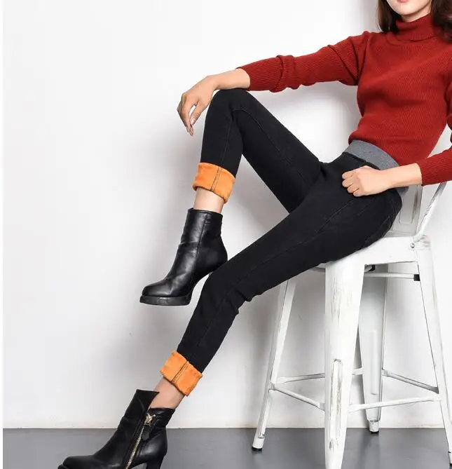 Black Plus velvet Модные эластичные женские джинсы с высокой талией, большие размеры 26-40, повседневные брюки, джинсы с эластичной талией, узкие брюки, джинсовые брюки - Цвет: Black Plus velvet