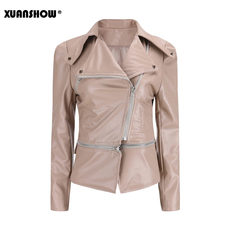 Beige XUANSHOW осенне-зимняя женская куртка из искусственной кожи с длинным рукавом и заклепками, Женская мотоциклетная куртка на молнии, верхняя одежда из искусственной кожи - Цвет: Beige
