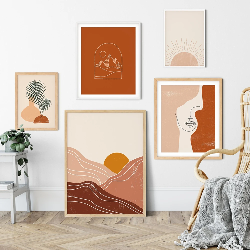 

Boho Art Prints Abstract Landscape Poster Bundle Line Art Women Face Gallery Wall Pictures Horizon Sun Paintings on Canvas Decor