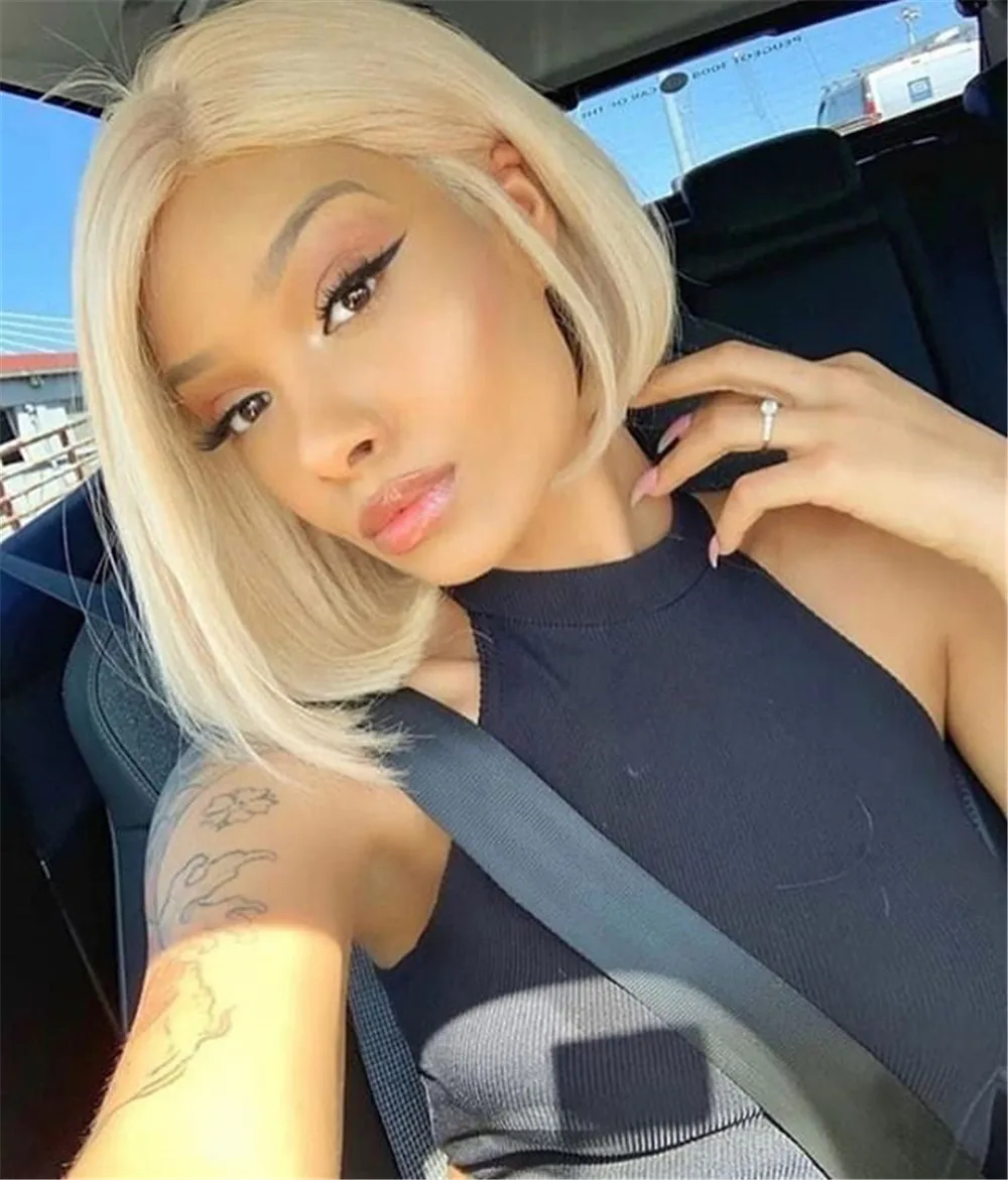 613 блонд короткий Боб человеческие волосы парики для женщин бразильский Реми