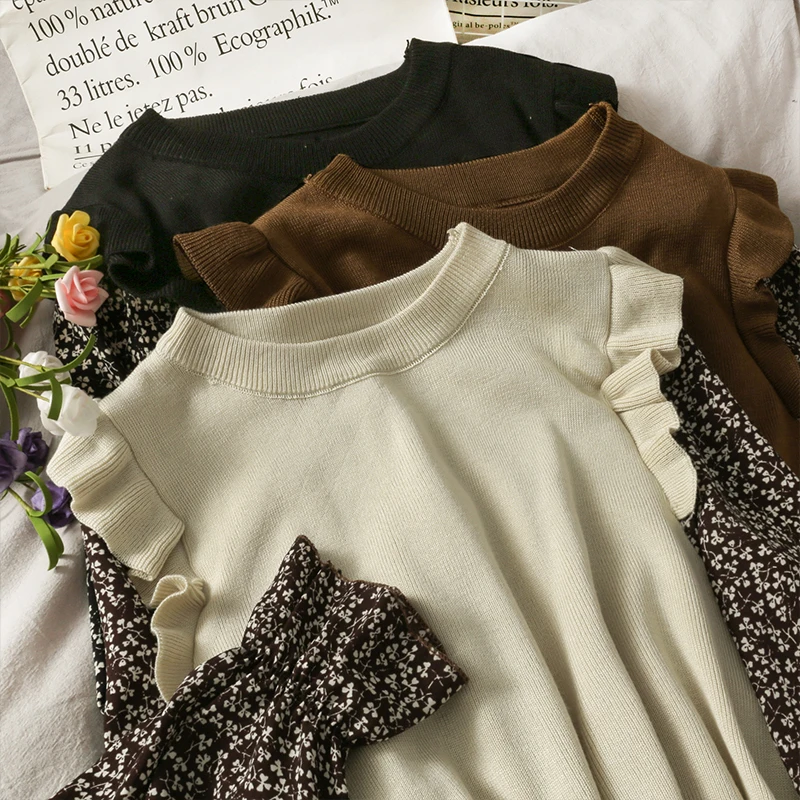 

Женская модная облегающая вязаная блузка с оборками и цветочным принтом, женский милый повседневный уличный Топ для девушек, элегантная по...