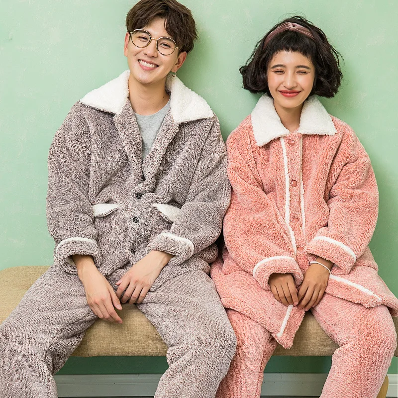 

Winter New Flannel Solid Couple Pajamas Suit Women Thick Warm Two Piece Set Homewear Male Loose Casual Coral Velvet Sleepwear