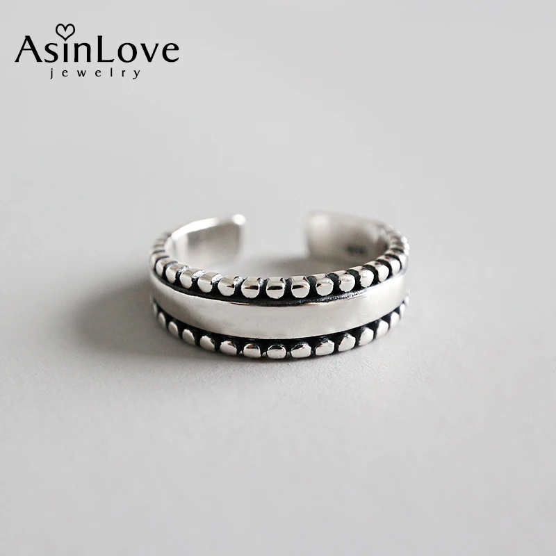 

AsinLove Personalised Retro Beads Smooth Ring Real 925 Sterling Silver Adjustable Rings for Women Handmade Design Fine Jewelry