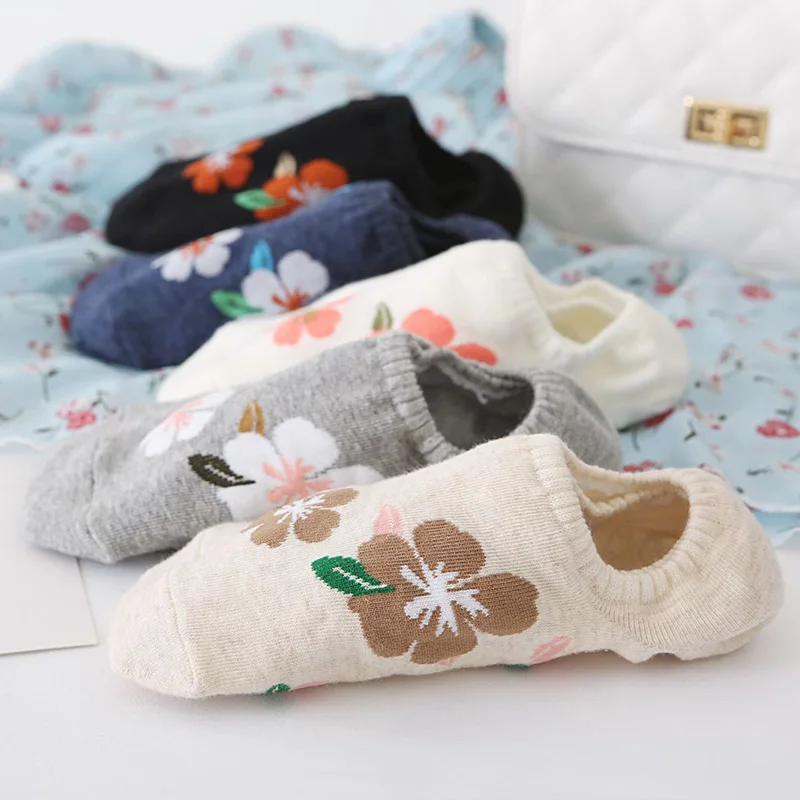 5 Pairs Set Flowers Socks Women Pack Ankle Harajuku Kawaii Cute Cotton Skarpetkie Damski Korea Style Floral Invisible No Show