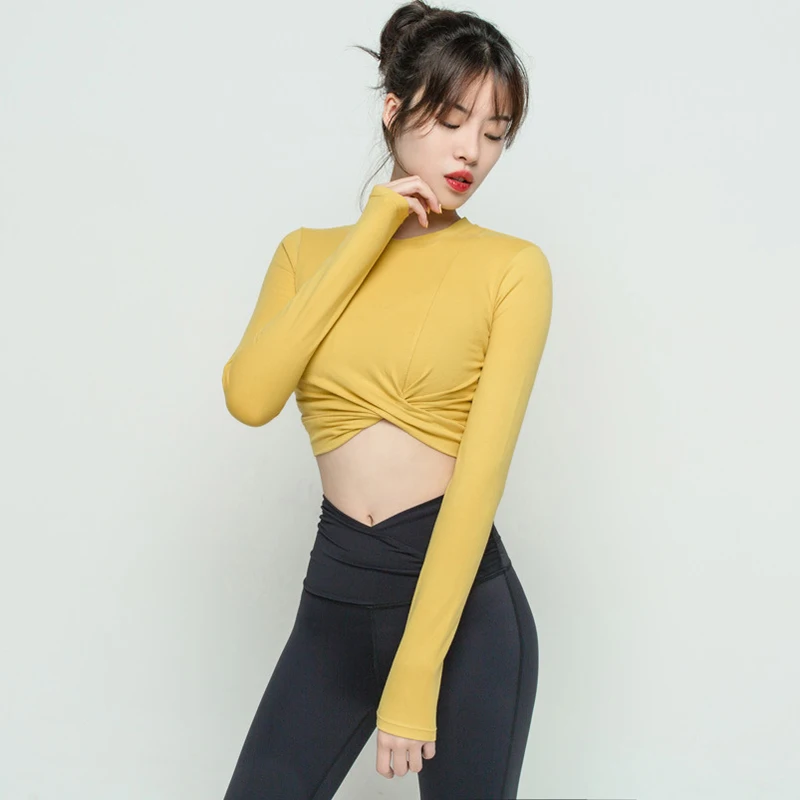 Женская одежда для бега рубашки йоги с длинным рукавом укороченный топ футболки