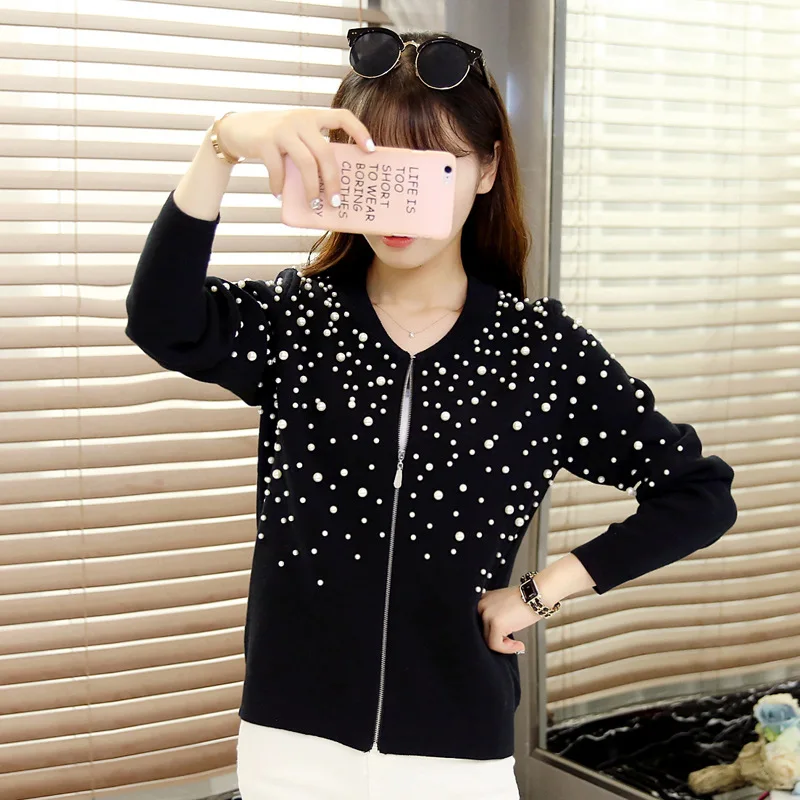 Женский вязаный кардиган рождественский свитер с жемчужинами и бусинами осень