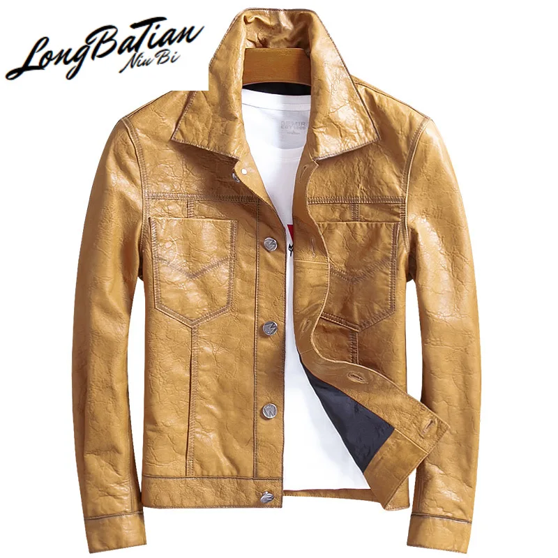 Мужская куртка из натуральной овечьей кожи желтая винтажная мотоциклетная на