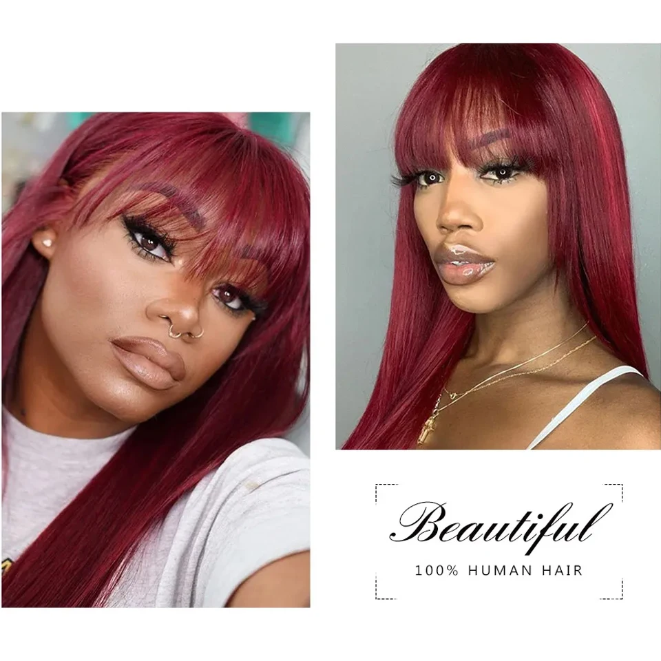 

YUANMEI 99J Human Hair Wig With Bangs Burgundy Brazilian Remy Hair Wigs For Women Colored Straight Human Hair Wig