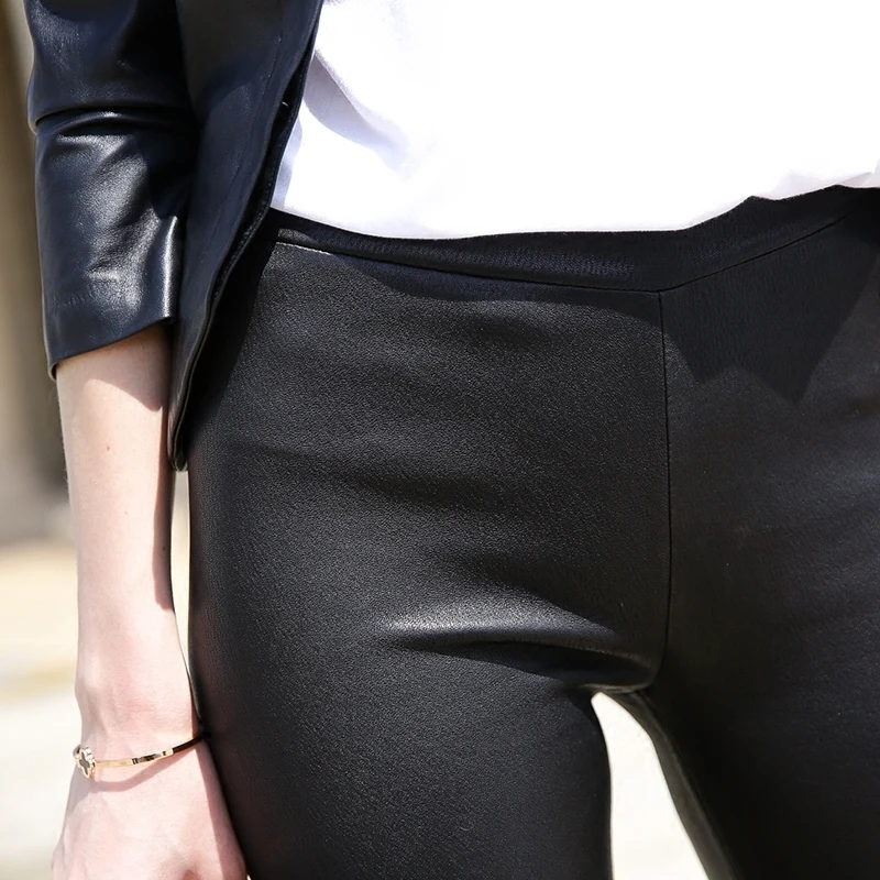 

High Quality Luxury Womens Black Skinny Pants Fashion Solid Genuine Leather Trousers Female Streetwear Slim Fit Pencil Pants