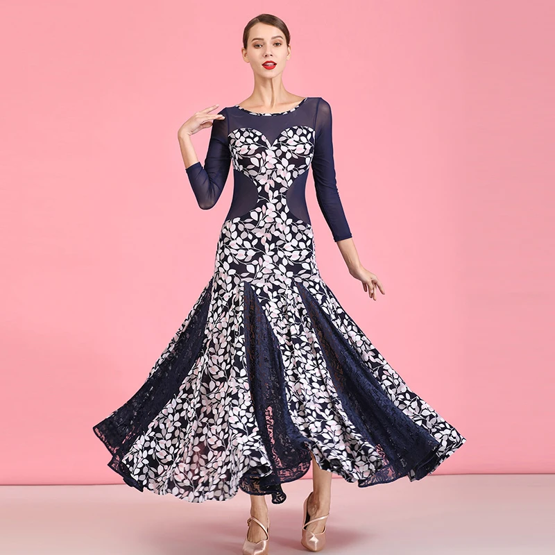 Платья для конкурса бальных танцев синие Кристальные льняные современные