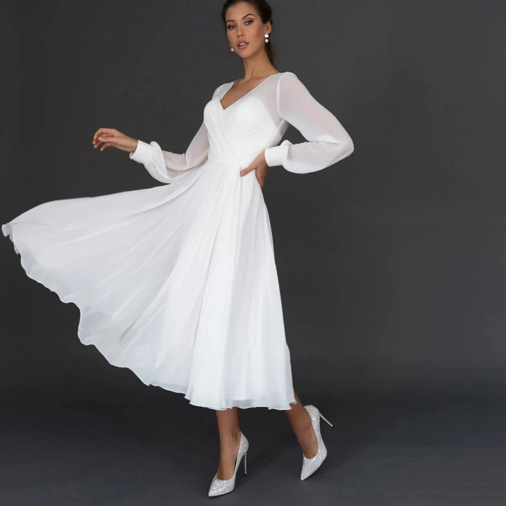 

UETEEY Simple Wedding Dress Short A-Line White Chiffon Puffy Long Sleeve Bride Gowns 2022 Beach Summer Vestido De Noiva