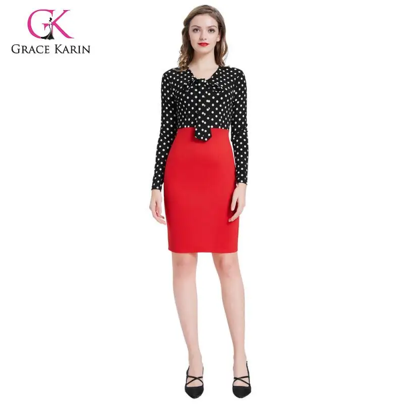 Grace Karin Pencil Dress Women Long Sleeve V Neck Polka Dot 2020 New Autumn Office Work Front Tie Slim Party Dresses | Женская одежда