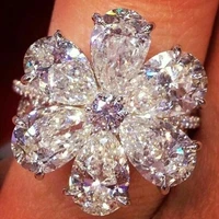 fashion elegant white crystal flower women ring jewelry accessories luxury zircon engagement ring party gift