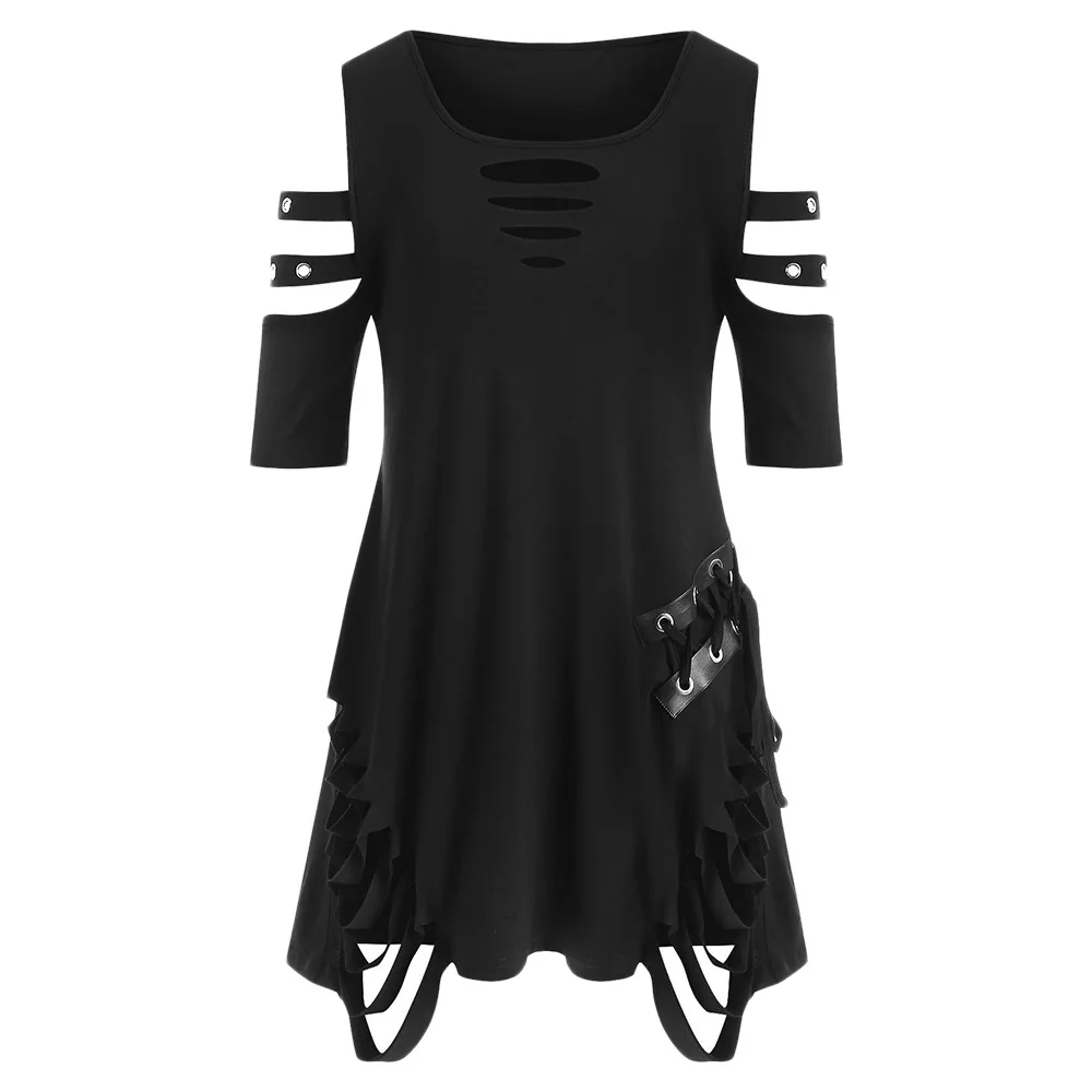 ROSEGAL Plus Size Cold Shoulder Lace Up Ripped T-shirt Long Scoop Neck Cut Out Women T-Shirts Solid Gothic Summer Sexy Tees