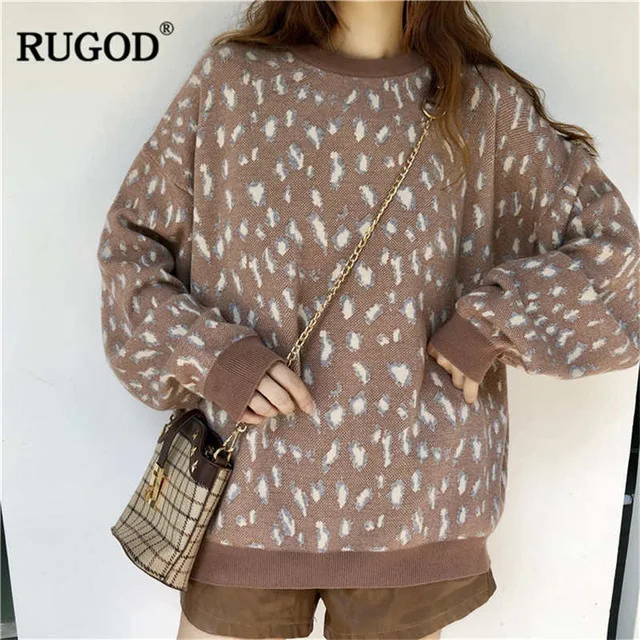 RUGOD New Leopard Sweater Women O-Neck Casual Loose Pullovers Plus Size Korean Style Knitted maglioni donna | Женская одежда