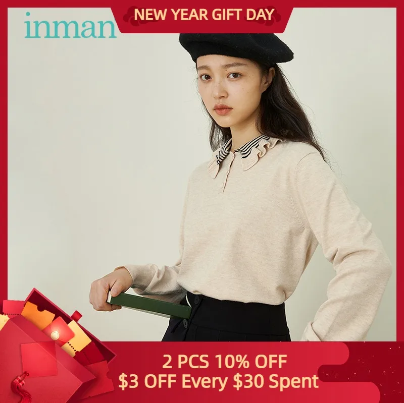 

INMAN женский свитер осень зима Kawaii милый плиссированный полосатый дизайн с лацканами Повседневный пуловер Бежевый женский топ