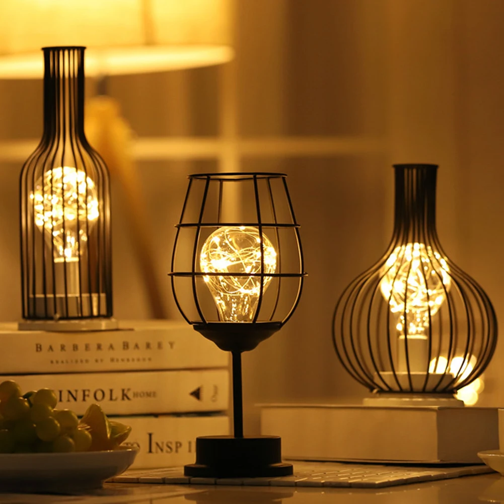 

LED Desk Lamp Wine Glass Bottle LED Night Light Iron Hollow Out Night Lamp For Cafe Hotel Balcony Home Decoration Table Lamp