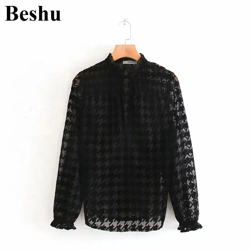 Мода za Блузка Сексуальная Женская Полупрозрачная кружевная Хаундстут галстук