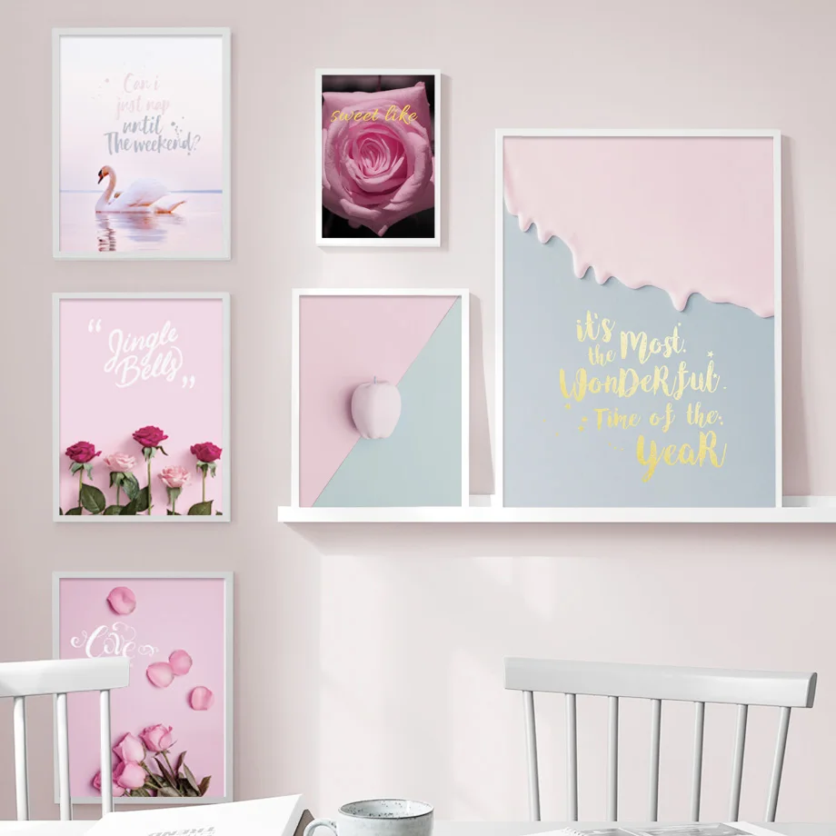 

Pink Apple Flower Swan Love Quotes Wall Art Canvas Painting Nordic Posters And Prints Plant Wall Pictures For Living Room Decor
