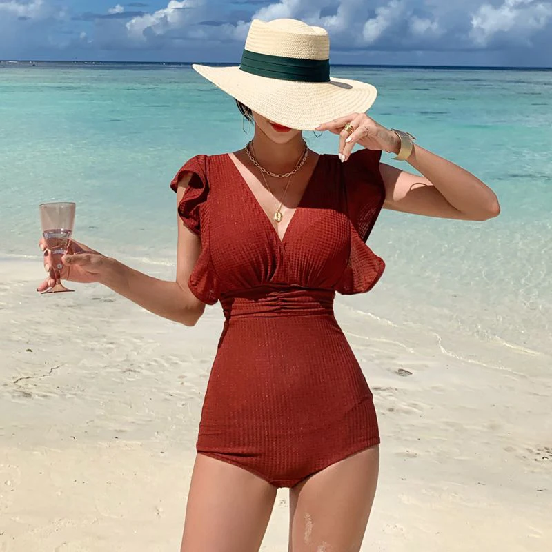 Цельный купальник в Корейском стиле однотонный с оборками купальный костюм