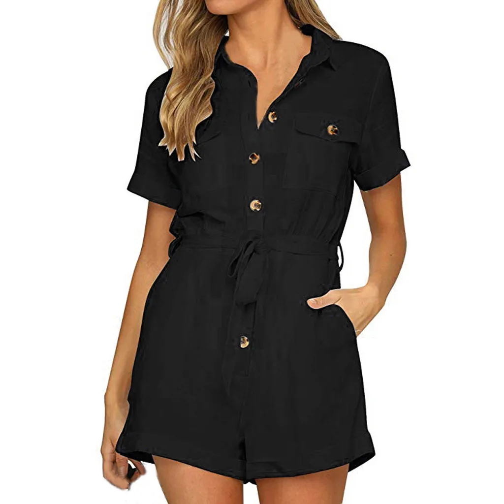 

Women's Casual Button Down Cuffed Short Sleeve Casual Boho Playsuit Jumpsuit Summer Shorts Femme Casual Ladies Colorful Shorts#Q