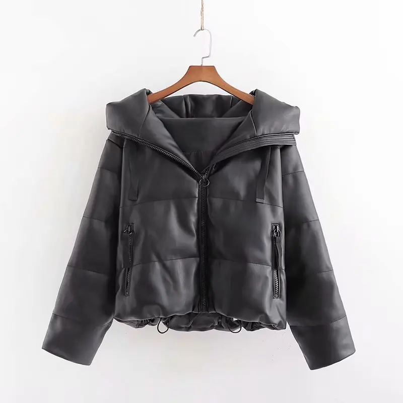 Черный Winter PU Leather Coats Women Faux Leather Pockets Parka Women Elegant Hooded Zipper Coats Female Large Size Thicken Warm Coat - Цвет: Черный