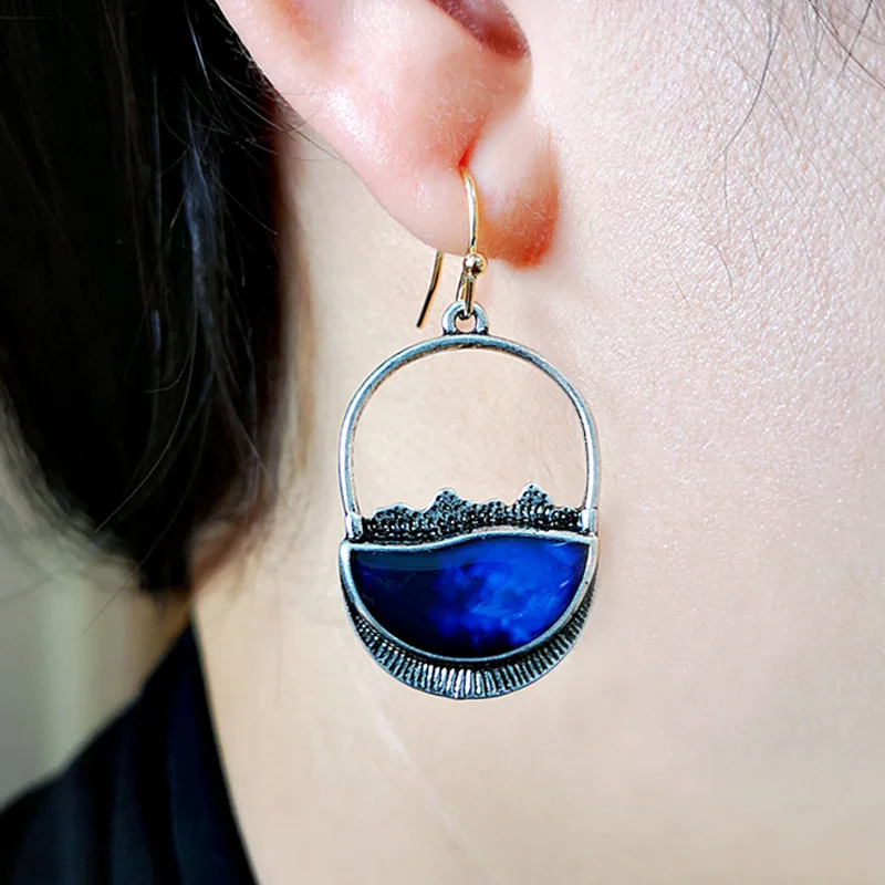 

Vintage Creative Lock-Shaped Sapphire Earrings Hot Sale Colorful Glazed Silver-Plated Earrings Bohemian Ethnic Women's Jewelry