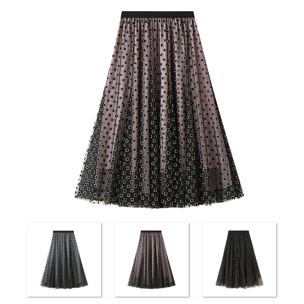 

Spring Autumn Winter Fashion Trend FeminArt Girl High Quality Woman's Vintage Long Tulle Midi Pleated Skirts Femme Ball Gown