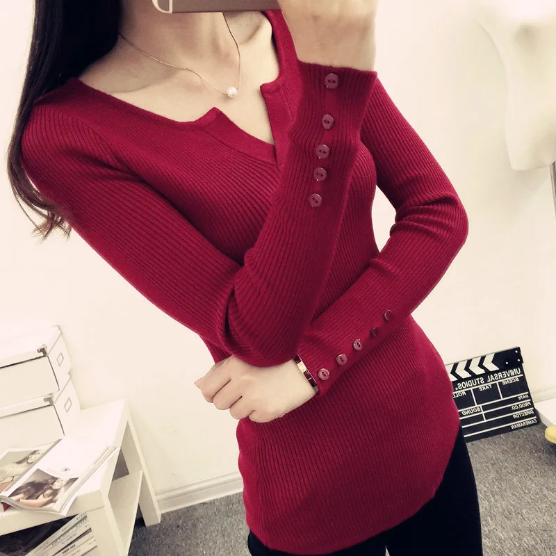 2020 New Winter Women Knitted Tops Low Cut O-Neck Slim Full Sleeves Button Pullovers Solid Sweater Female | Женская одежда