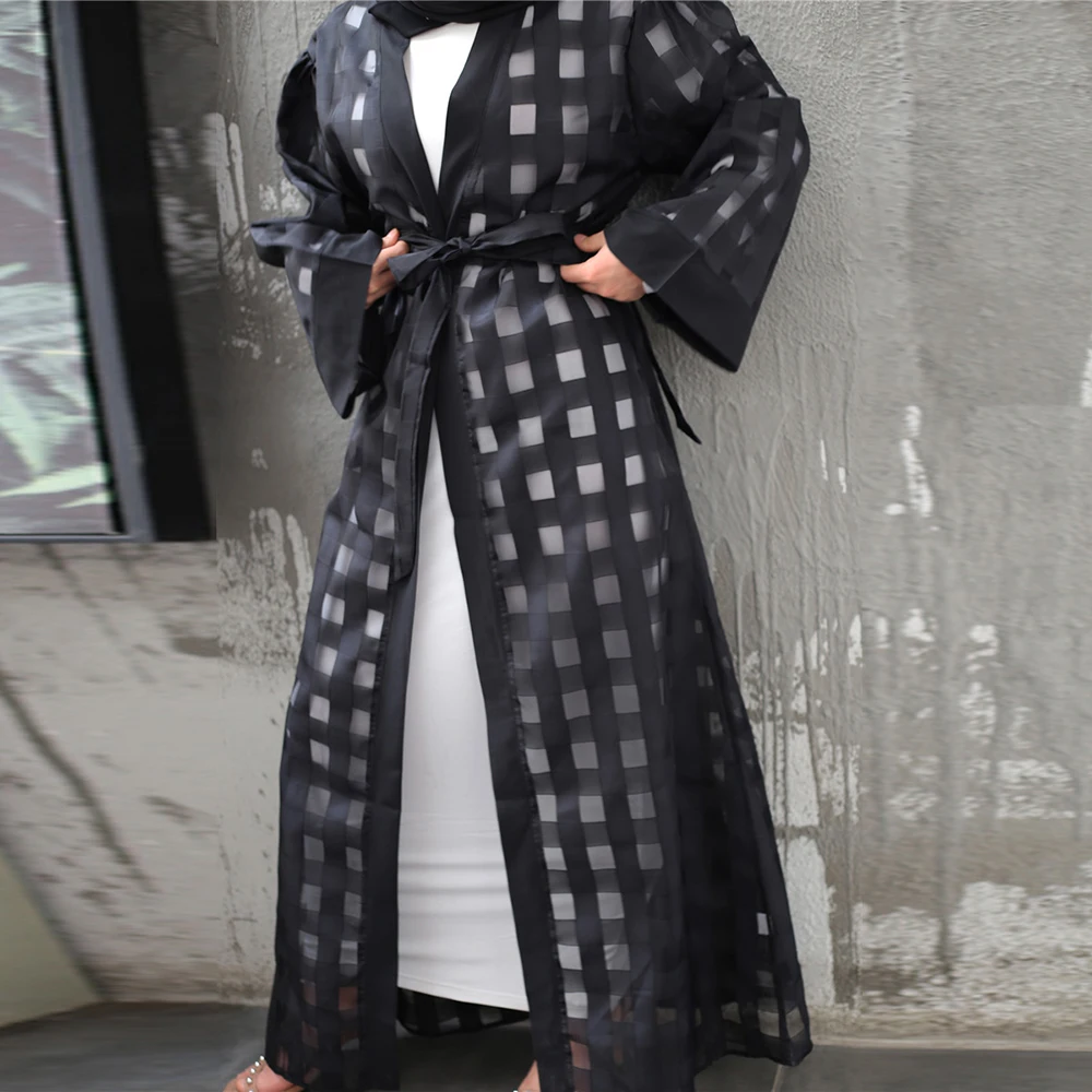 Черный клетчатый Абая Дубай кимоно кардиган хиджаб мусульманское платье