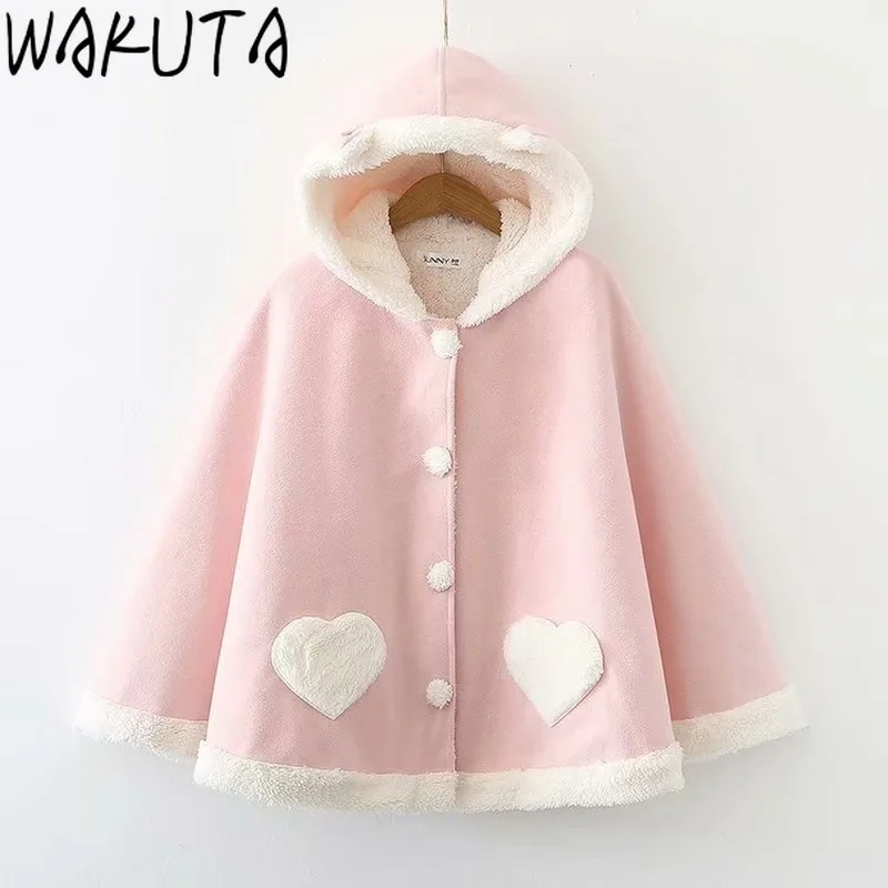 Теплая шерстяная накидка с аппликацией WAKUTA Женская куртка в японском стиле