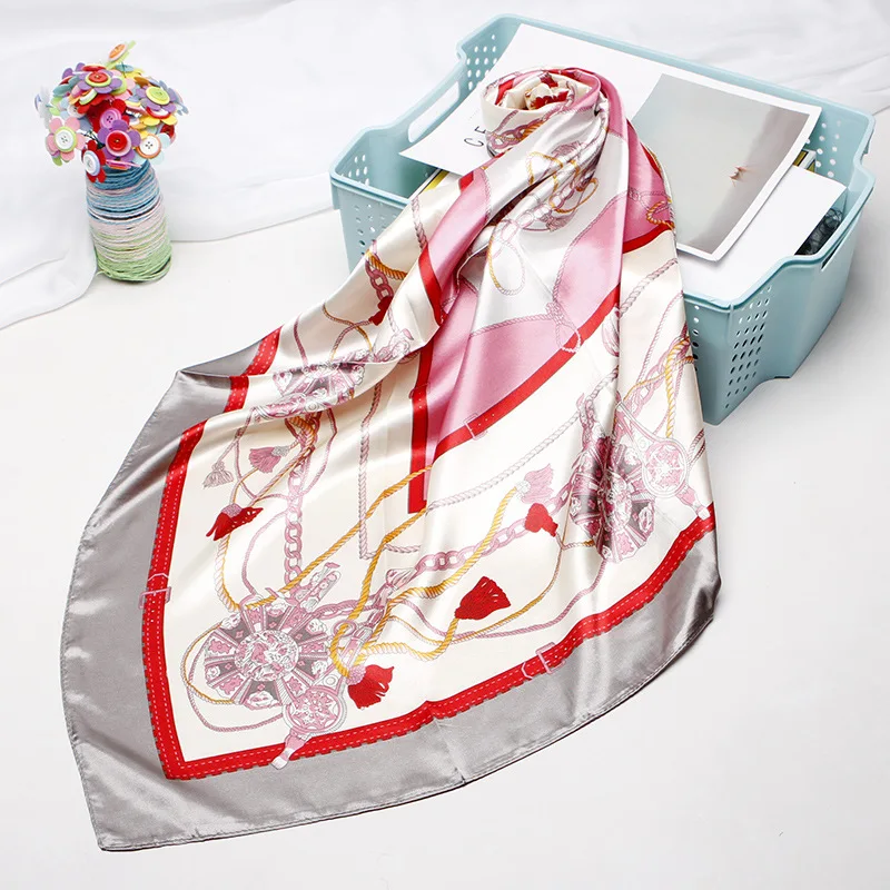 

Square Scarves Women Chain Print Sunscreen Silk Scarf Female Satin Long dual-use Shawl Beach Towel Shawl jade tassel