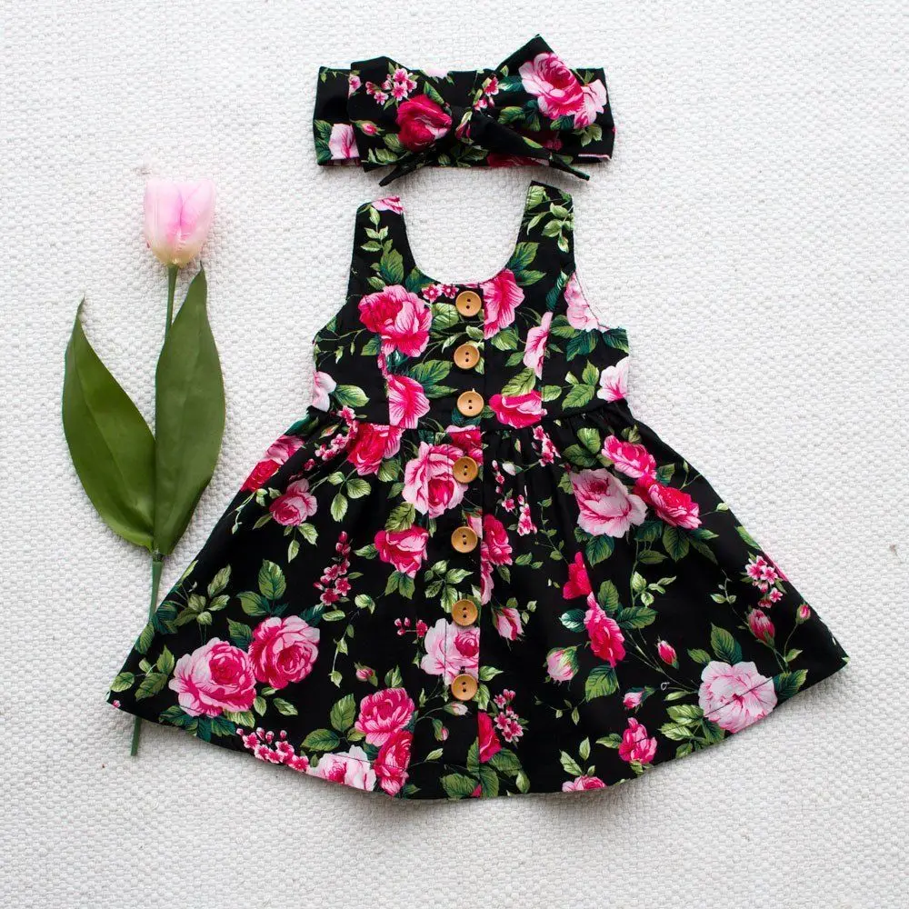 Summer Kids Princess Dress Girls Dress Floral Sleeveless Button Dresses  +Headband Outfits Baby Girl Clothes 1-4Years