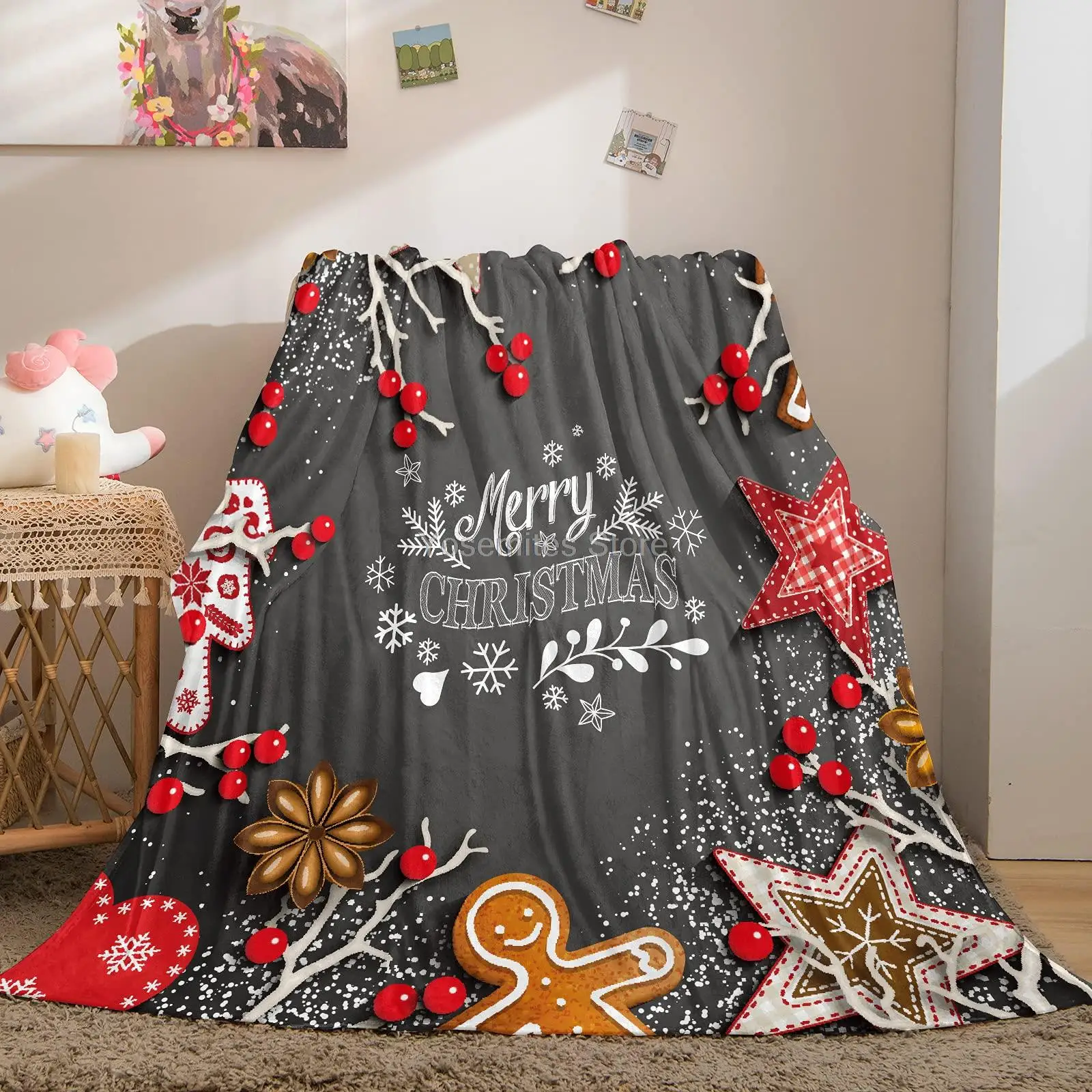 

Bedbay Red Christmas Flannel Blanket Black Red Christmas Throw Blanket for Kids Teen Cute Gingerbread Man Festival Theme Throw B