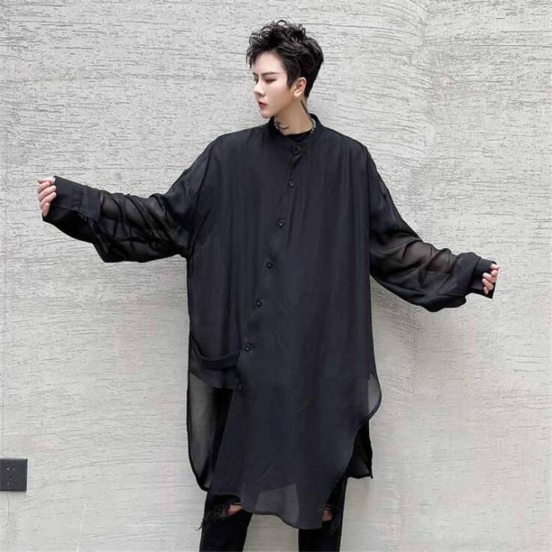 

Oversized Chiffon Long Shirt Men Black Casual See-through Shirts Women Harajuku Sexy Irregular Blouse Chemise Homme