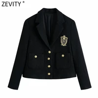 zevity women england style badge patch breasted woolen blazer coat vintage long sleeve pockets female outerwear chic tops ct663
