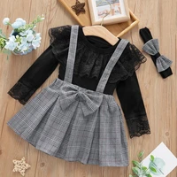 patpat 3 piece baby toddler black lace top and plaid overalls set with headband for baby girl