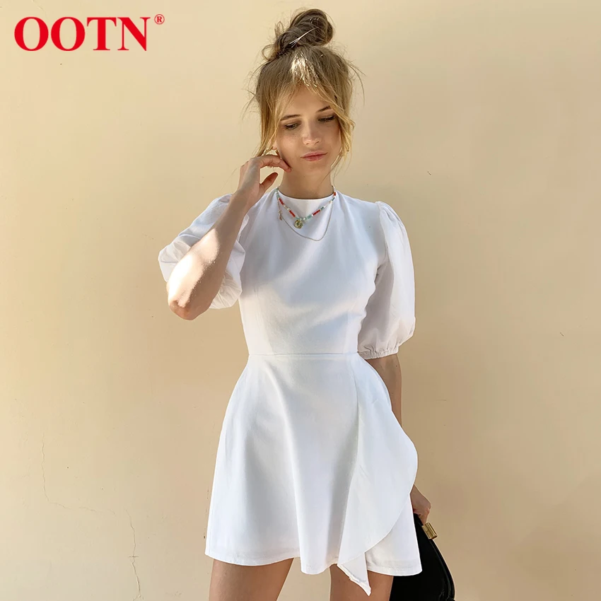 

OOTN O-Neck Open Back Sexy Women Dress Puff Sleeve Green Solid Casual Summer Ladies White Lace Up Asymmetry Short Dresses Cotton