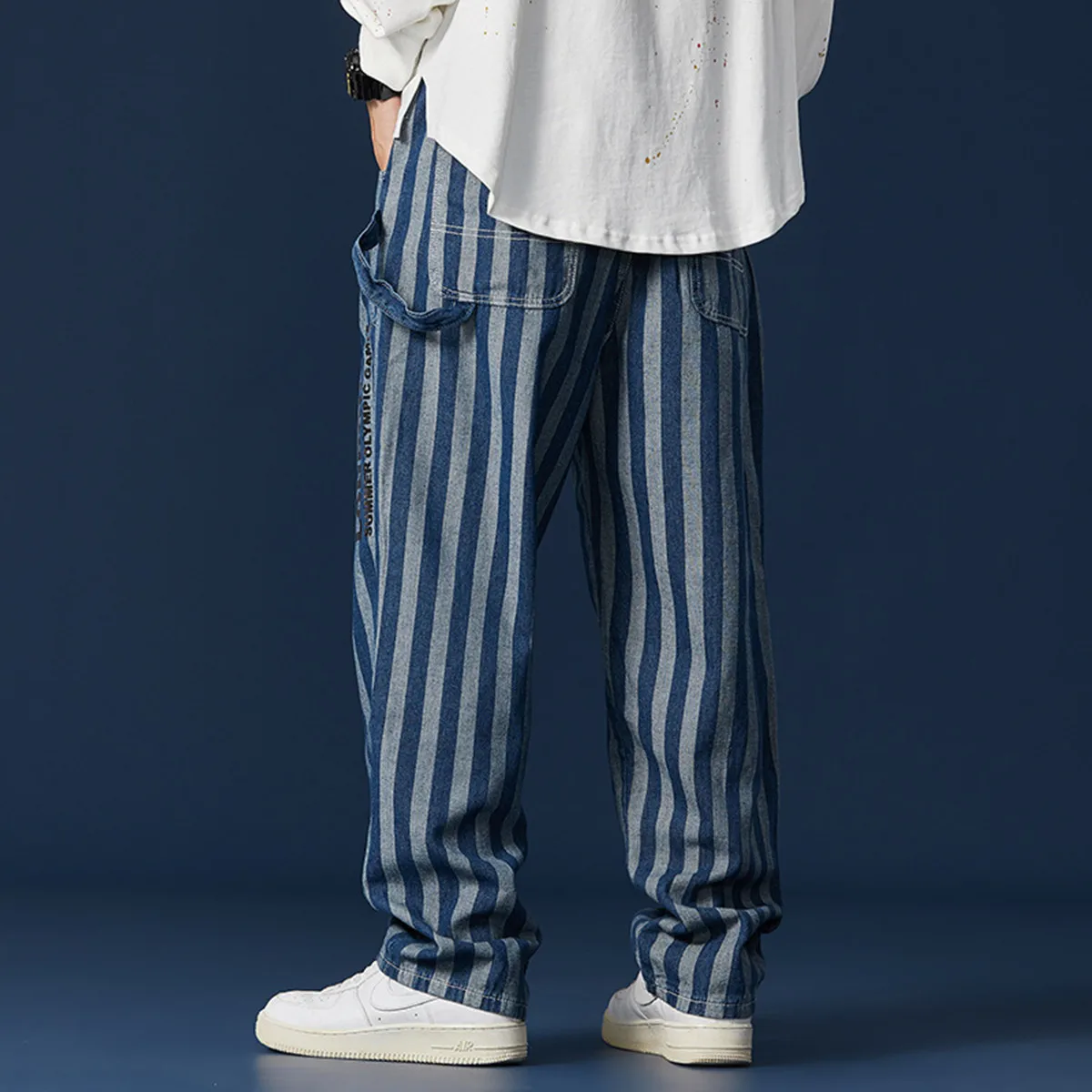 Spring Striped Jeans Men's Ins Trend Loose Straight Pants Nostalgic Letter Youth Blue Casual Fashion All-Match Wide Leg Trousers