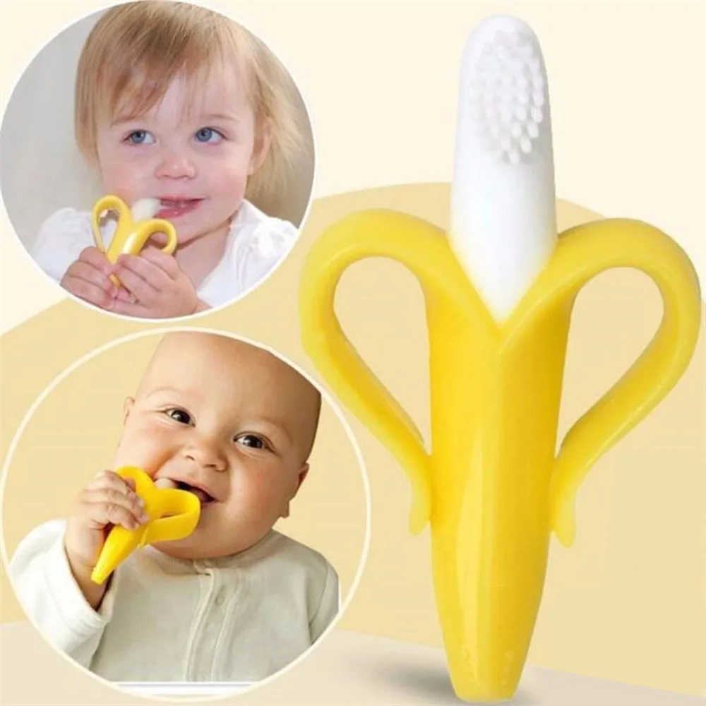 

Baby Teether Toys Toddle Safe BPA Free Banana Teething Ring Silicone Chew Dental Care Toothbrush Nursing Beads Gift for Infant