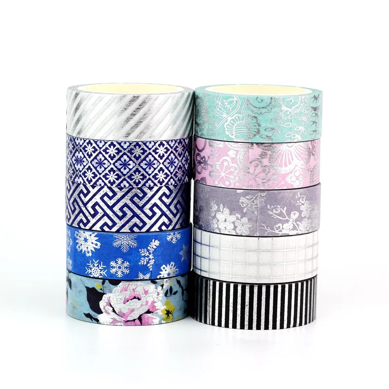 

10pcs/Lot Decorative Silver Foil Washi Tapes Flowers Grid for Scrapbooking Planner Adhesive Masking Tape Bullet Journal Supplies