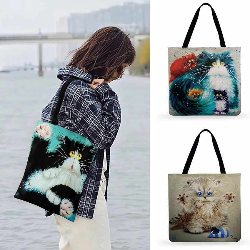

Women Casual Tote Cartoon Big Fat Cat Oil Painting Print Tote Bag Ladies Shoulder Bag Foldable Shopping Bag Outdoor Beach Bags