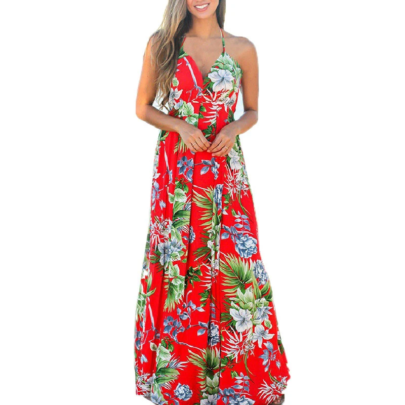 

Floral Print Boho Maxi Dresses for Women Summer Boho Elegant Sexy Party V-neck Long Dress Women Sleeveless Beach Dress