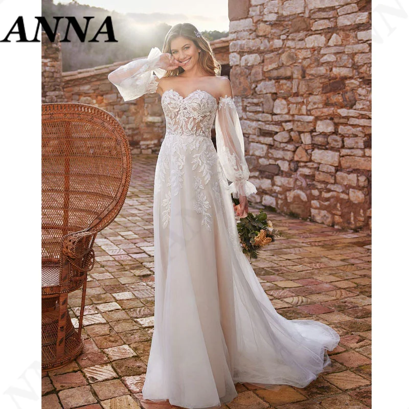 

ANNA-BEAUTY Store Wedding Dresses 2021 Vintafge Long Sleeve Strapless Beach Party Gown Boho Split Vestido De Novia for Women