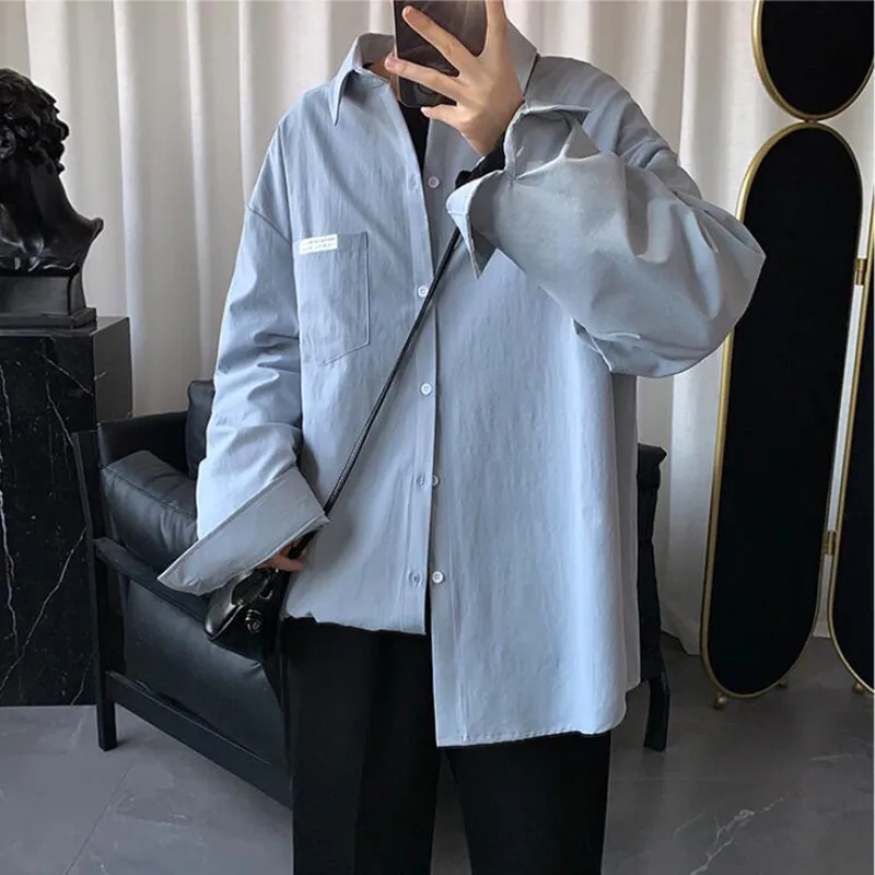 

2021 Men clothing Classic white black shirts korean clothes Shirt Covered Placket Formal Business loose Long Sleeve Shirts S-5XL