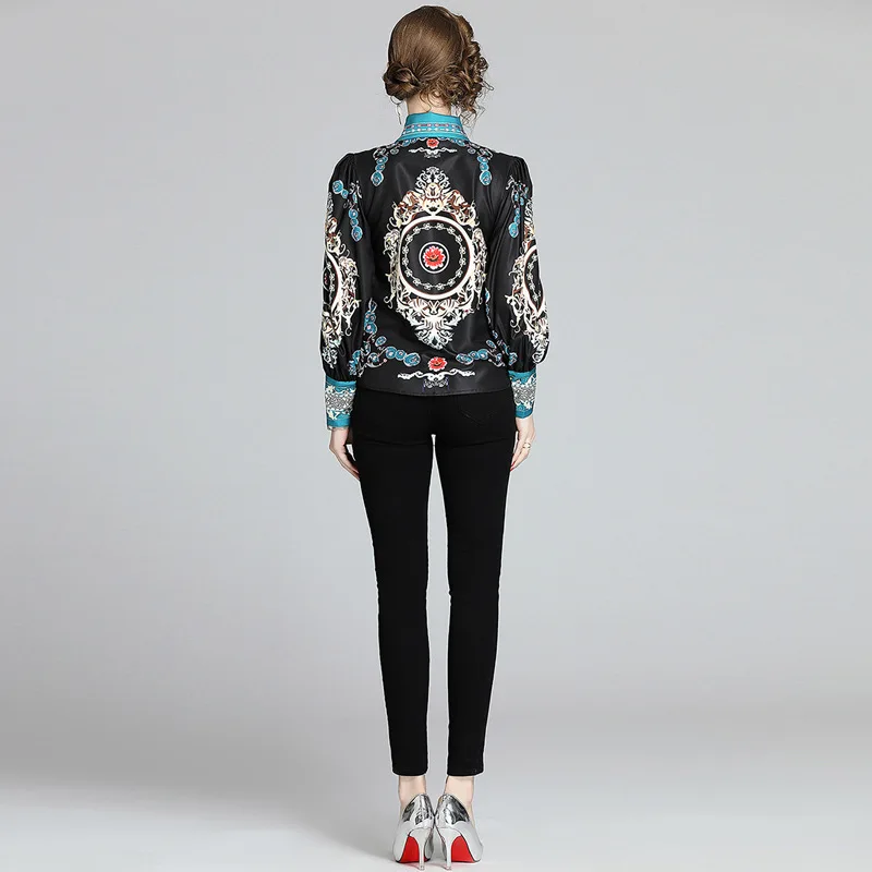 

Euramerican Spring Fashion Chiffon Women Blouses Print Turn-down Collar Women Shirts Puff Sleeve Blusas high-grade Elegante Tops