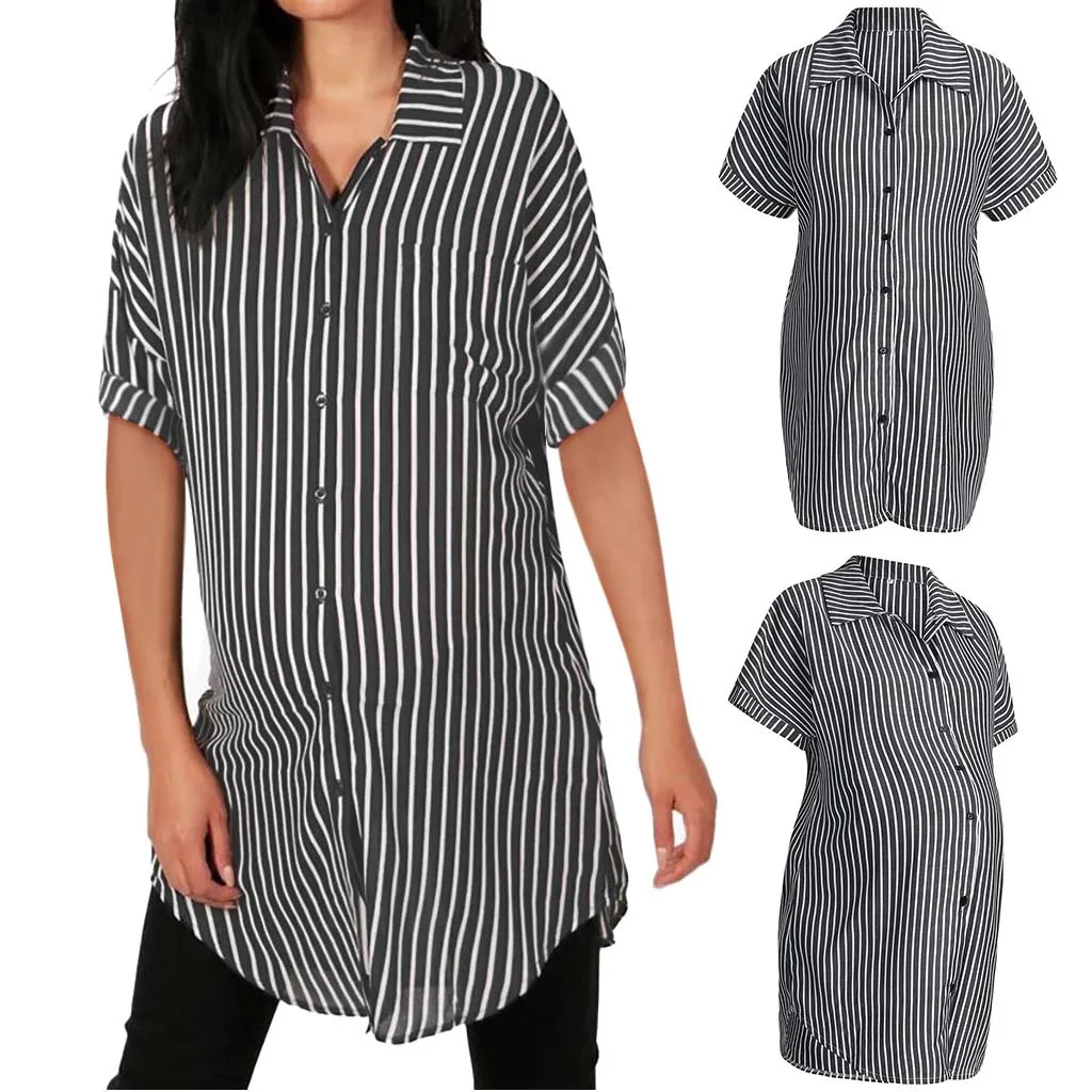Женская полосатая блузка с коротким рукавом и отложным воротником Повседневная