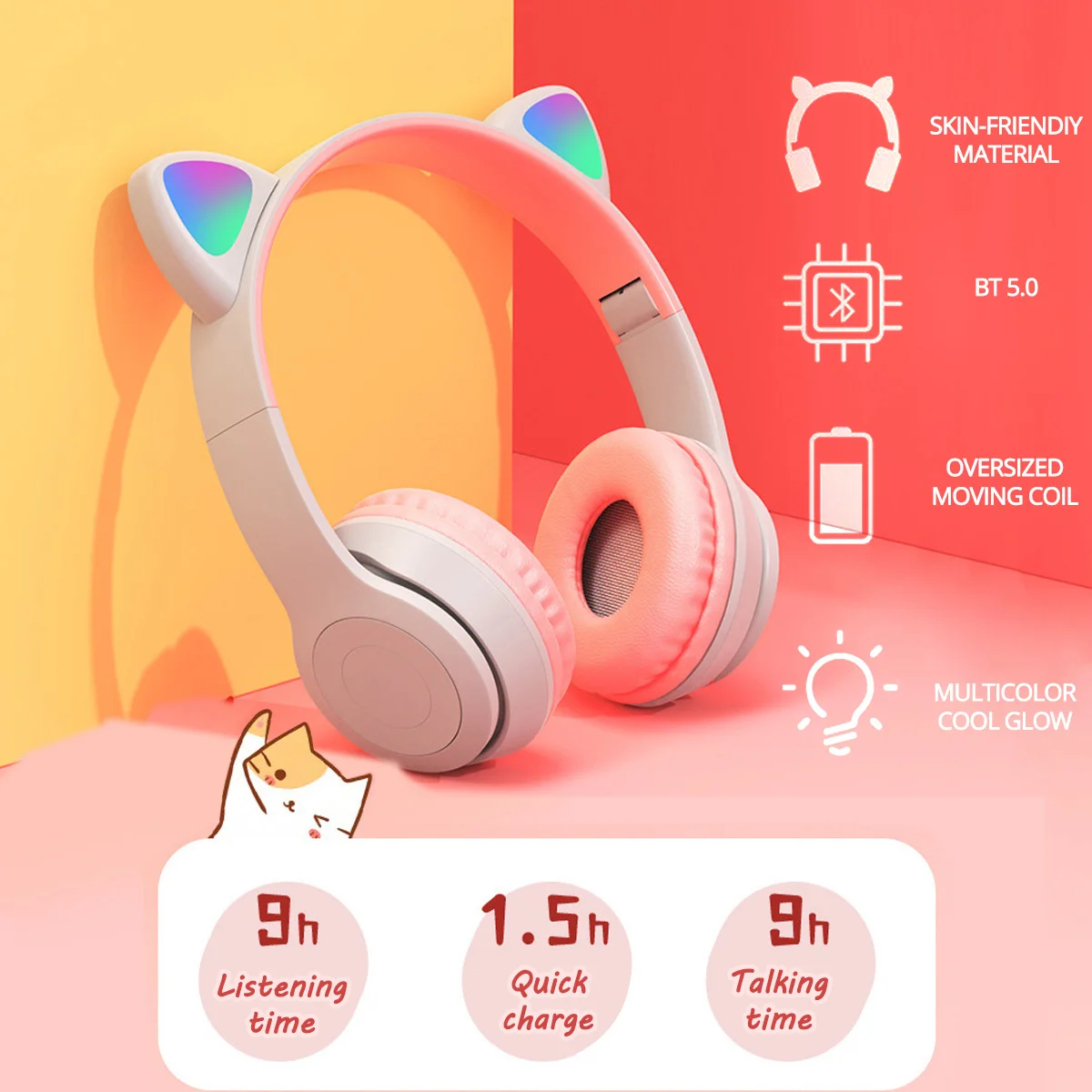 

SeynLi Cute Cat Ears LED Flashing Earphone Wireless Headphones Bluetooth Over Ear Headset Stereo Girls Kids Earphones With Mic