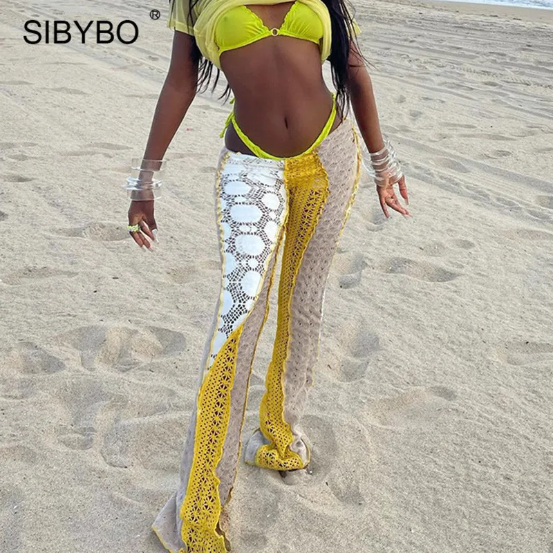 

Женские трикотажные брюки-клеш Sibybo, с вырезами, лоскутные, прозрачные, с высокой талией, повседневные, пляжная одежда на лето